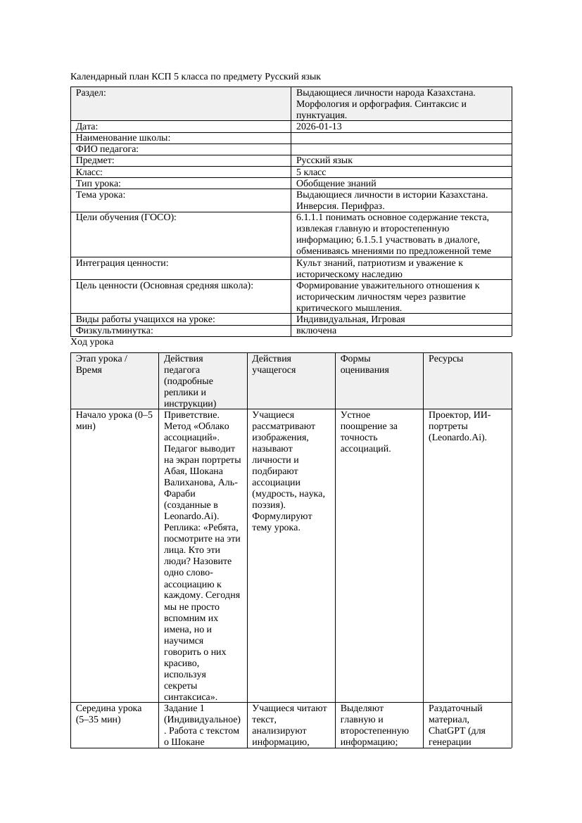 Календарный план КСП 5 класса Русский язык 3 четверть Выдающиеся