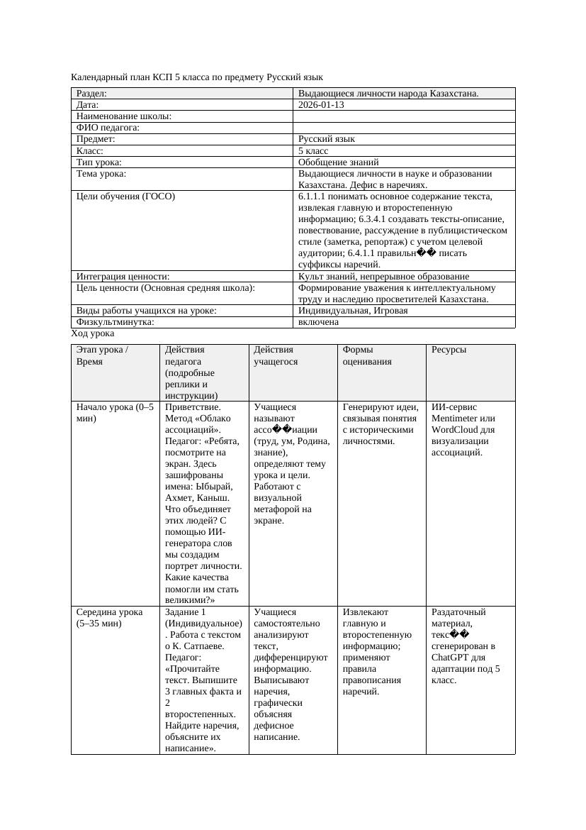 Календарный план КСП 5 класса Русский язык 3 четверть Выдающиеся