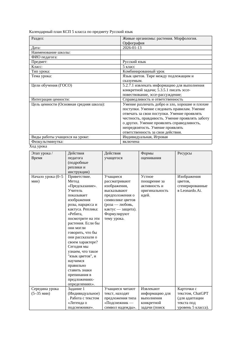 Календарный план КСП 5 класса Русский язык 3 четверть Язык цветов