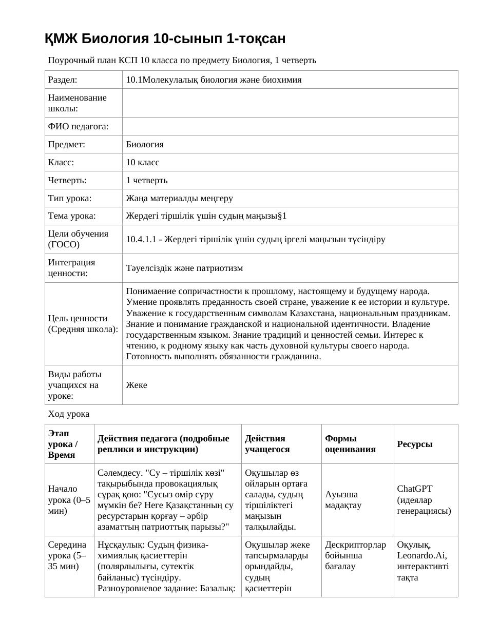 ҚМЖ Биология 10-сынып 1-тоқсан