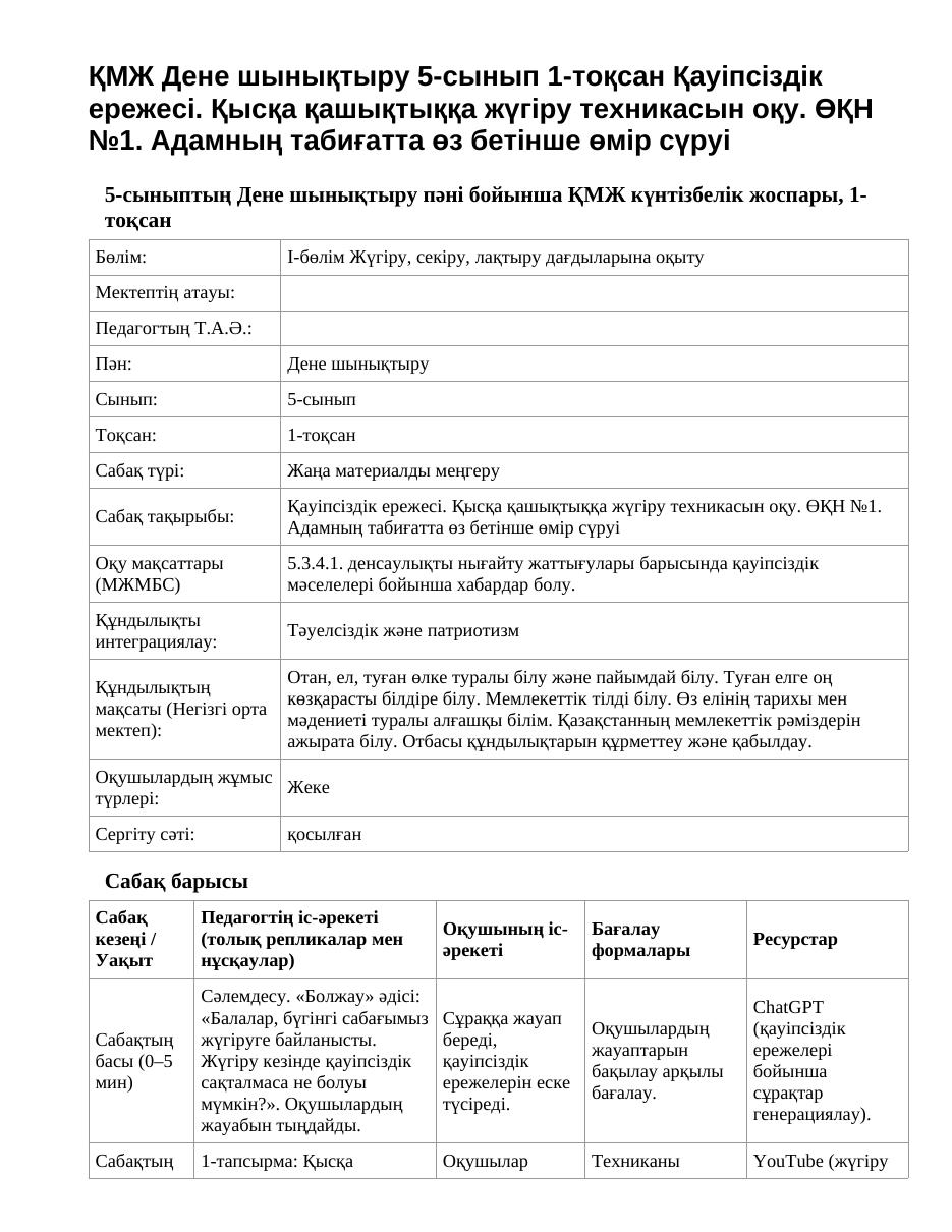 ҚМЖ Дене шынықтыру 5-сынып 1-тоқсан Қауіпсіздік ережесі. Қысқа қашықтыққа жүгіру техникасын оқу. ӨҚН №1. Адамның табиғатта өз бетінше өмір сүруі