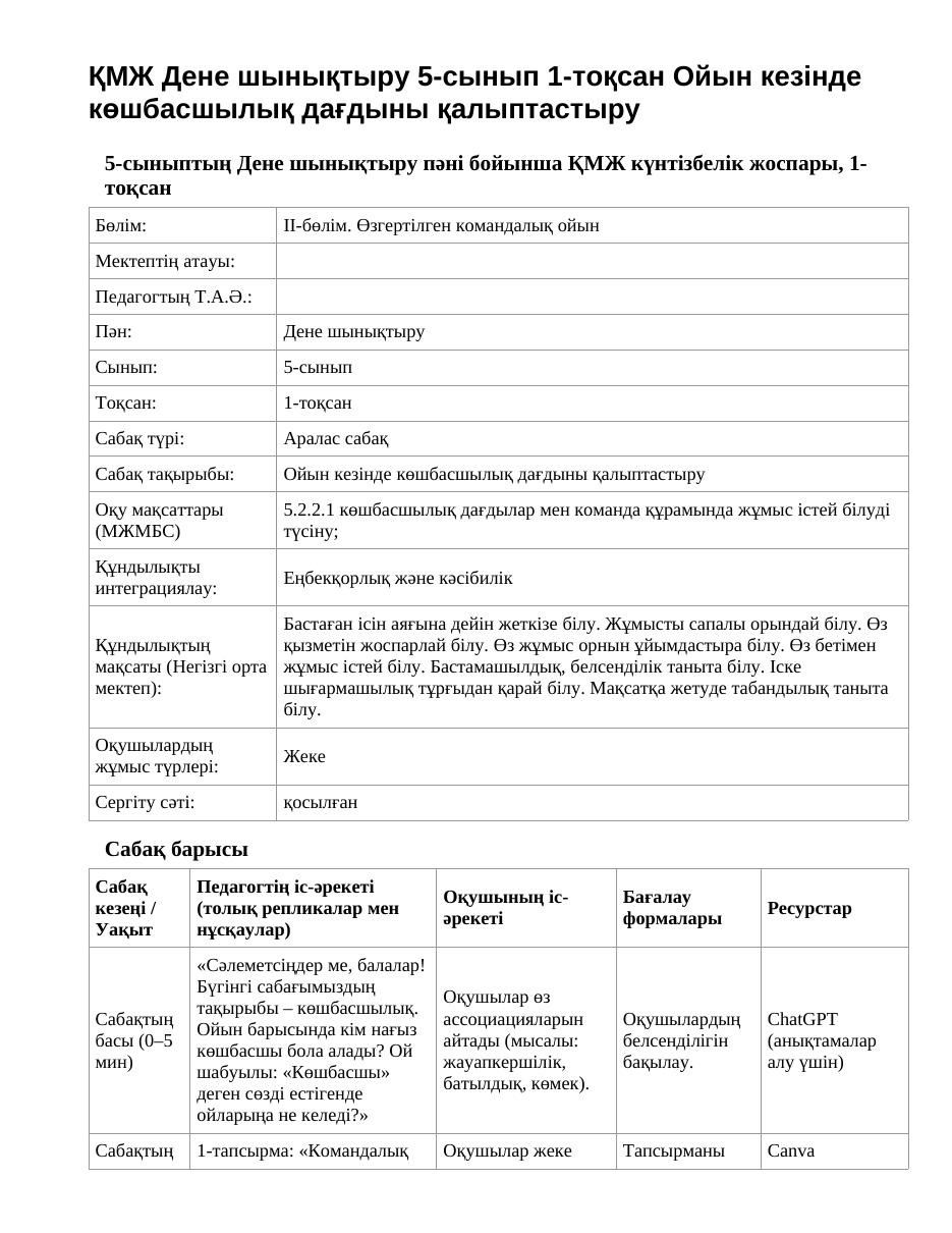ҚМЖ Дене шынықтыру 5-сынып 1-тоқсан Ойын кезінде көшбасшылық дағдыны қалыптастыру