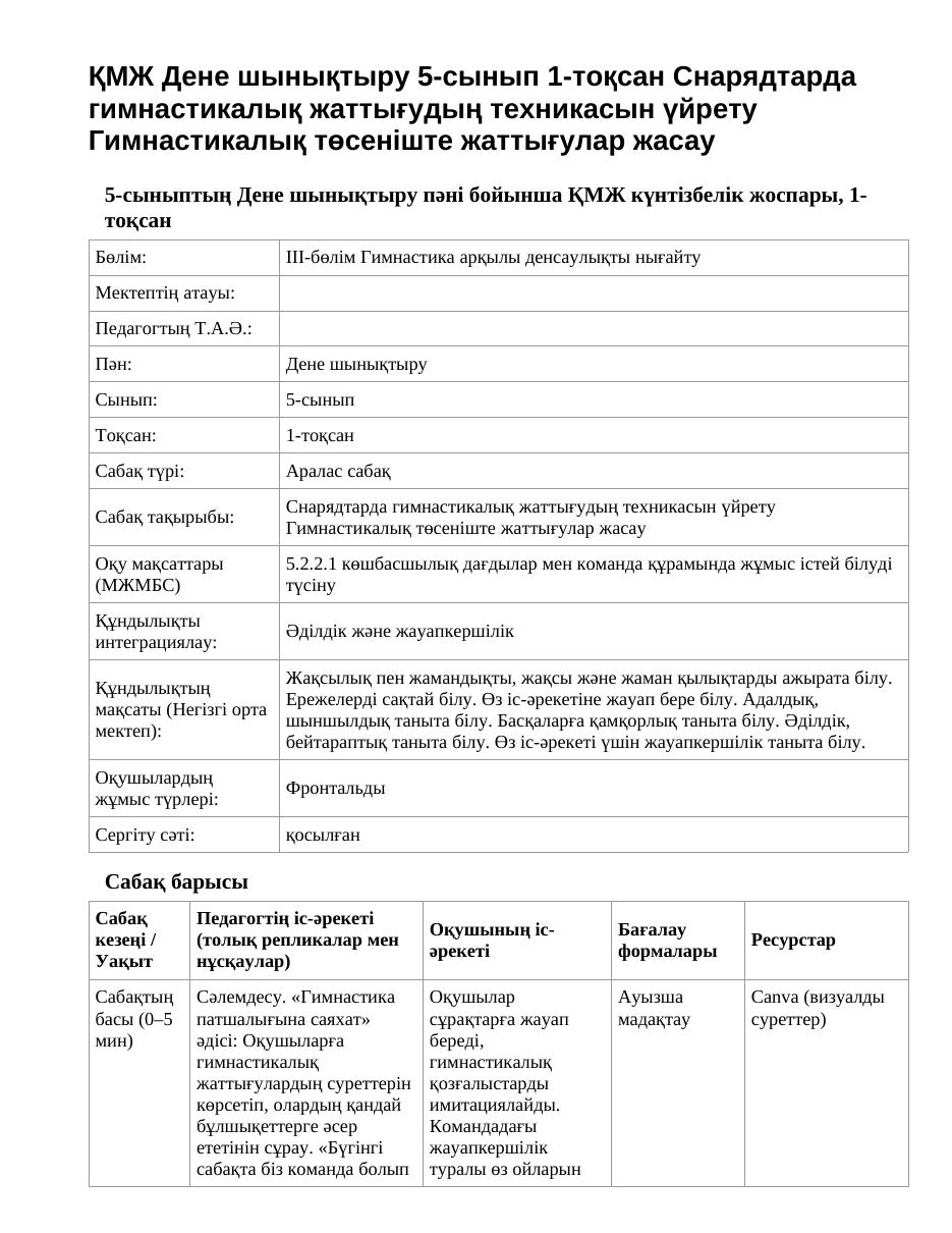 ҚМЖ Дене шынықтыру 5-сынып 1-тоқсан Снарядтарда гимнастикалық жаттығудың техникасын үйрету Гимнастикалық төсеніште жаттығулар жасау