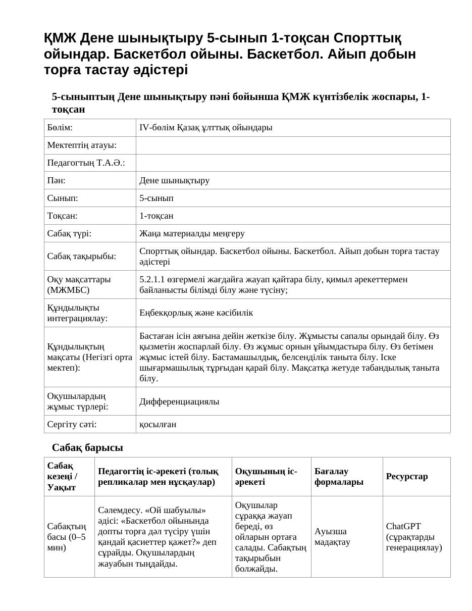 ҚМЖ Дене шынықтыру 5-сынып 1-тоқсан Спорттық ойындар. Баскетбол ойыны. Баскетбол. Айып добын торға тастау әдістері