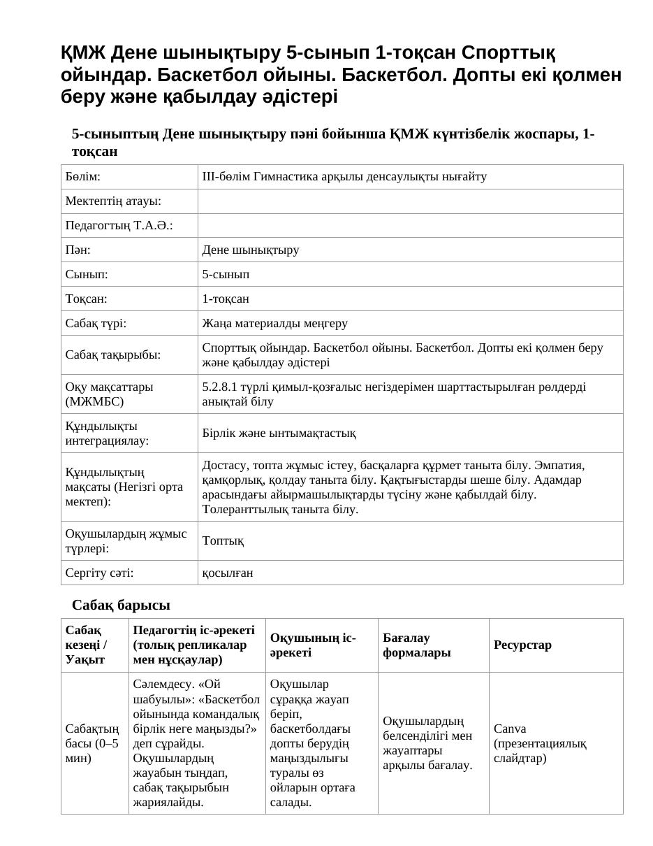 ҚМЖ Дене шынықтыру 5-сынып 1-тоқсан Спорттық ойындар. Баскетбол ойыны. Баскетбол. Допты екі қолмен беру және қабылдау әдістері
