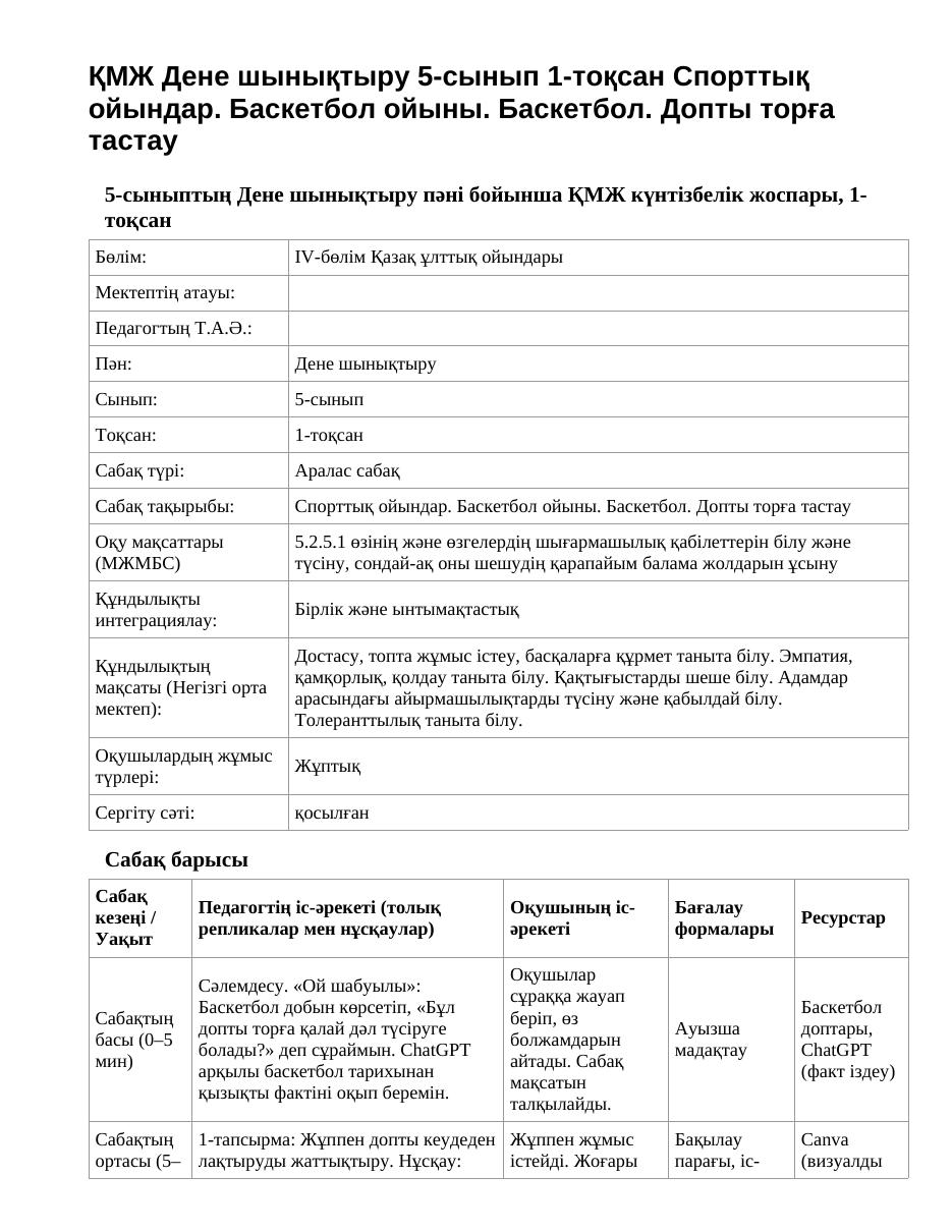 ҚМЖ Дене шынықтыру 5-сынып 1-тоқсан Спорттық ойындар. Баскетбол ойыны. Баскетбол. Допты торға тастау