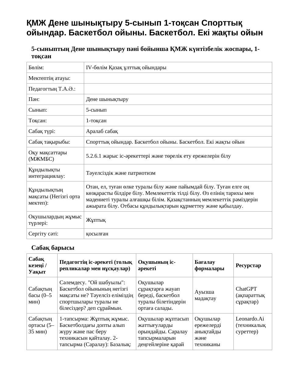 ҚМЖ Дене шынықтыру 5-сынып 1-тоқсан Спорттық ойындар. Баскетбол ойыны. Баскетбол. Екі жақты ойын