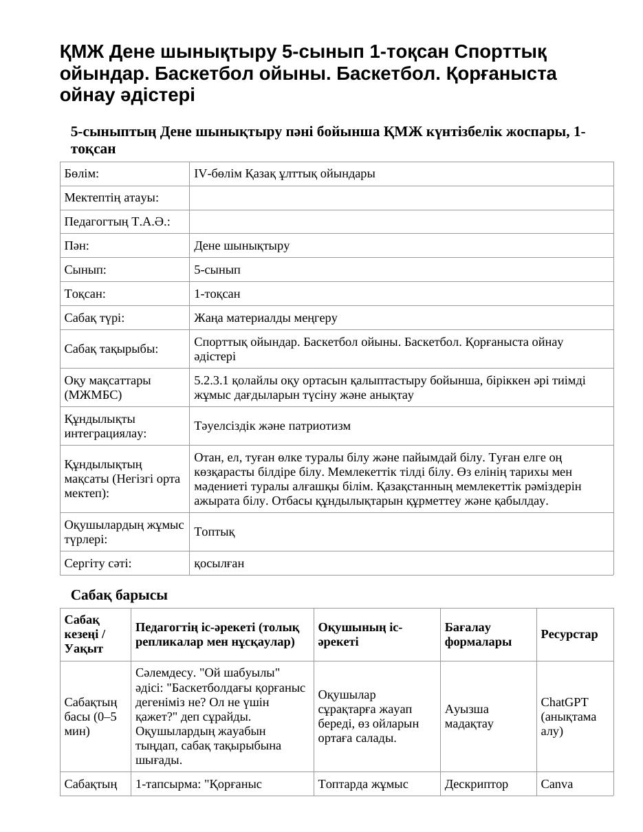 ҚМЖ Дене шынықтыру 5-сынып 1-тоқсан Спорттық ойындар. Баскетбол ойыны. Баскетбол. Қорғаныста ойнау әдістері