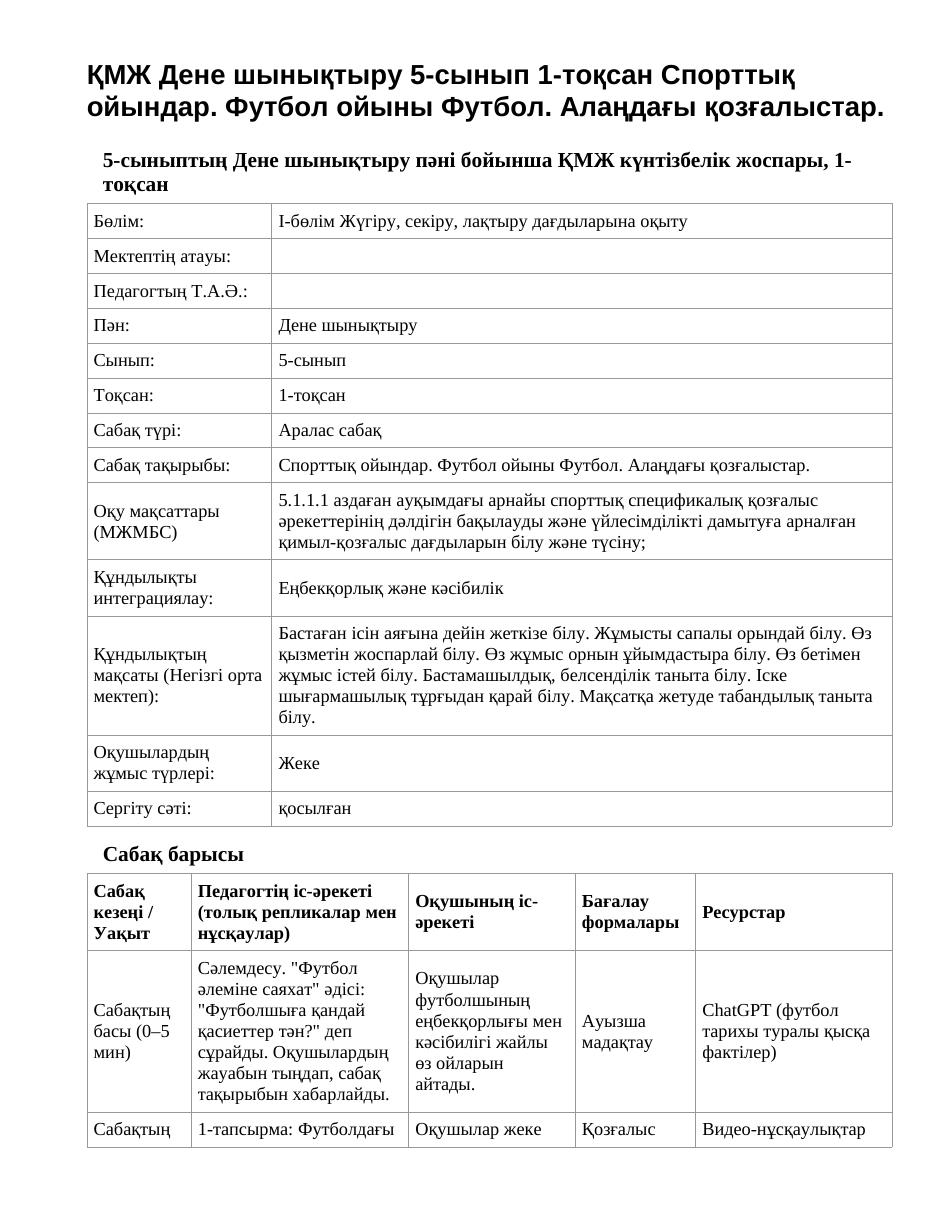 ҚМЖ Дене шынықтыру 5-сынып 1-тоқсан Спорттық ойындар. Футбол ойыны Футбол. Алаңдағы қозғалыстар.