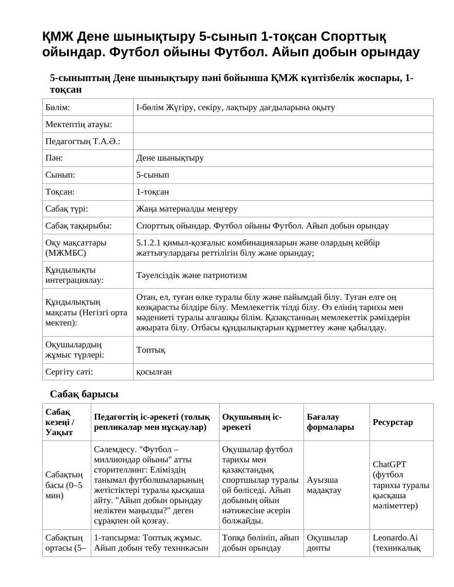 ҚМЖ Дене шынықтыру 5-сынып 1-тоқсан Спорттық ойындар. Футбол ойыны Футбол. Айып добын орындау