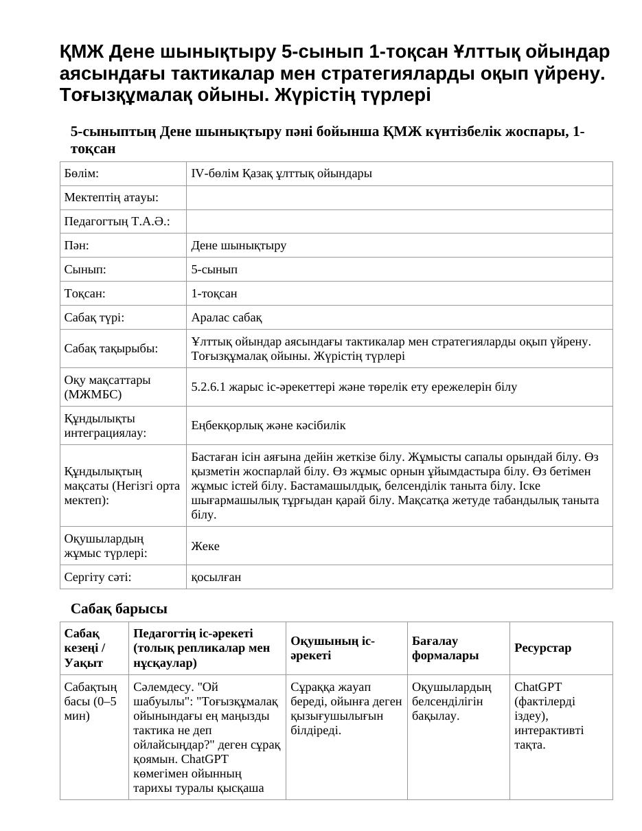ҚМЖ Дене шынықтыру 5-сынып 1-тоқсан Ұлттық ойындар аясындағы тактикалар мен стратегияларды оқып үйрену. Тоғызқұмалақ ойыны. Жүрістің түрлері