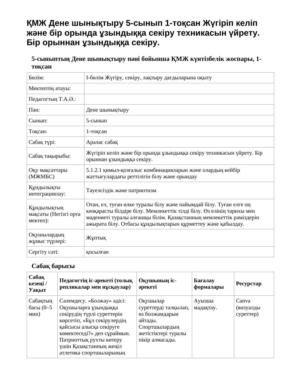 ҚМЖ Дене шынықтыру 5-сынып 1-тоқсан Жүгіріп келіп және бір орында ұзындыққа секіру техникасын үйрету. Бір орыннан ұзындыққа секіру.