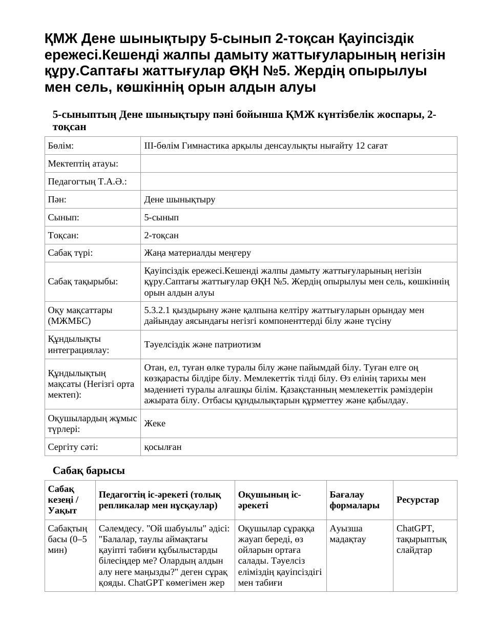 ҚМЖ Дене шынықтыру 5-сынып 2-тоқсан Қауіпсіздік ережесі.Кешенді жалпы дамыту жаттығуларының негізін құру.Саптағы жаттығулар ӨҚН №5. Жердің опырылуы мен сель, көшкіннің орын алдын алуы