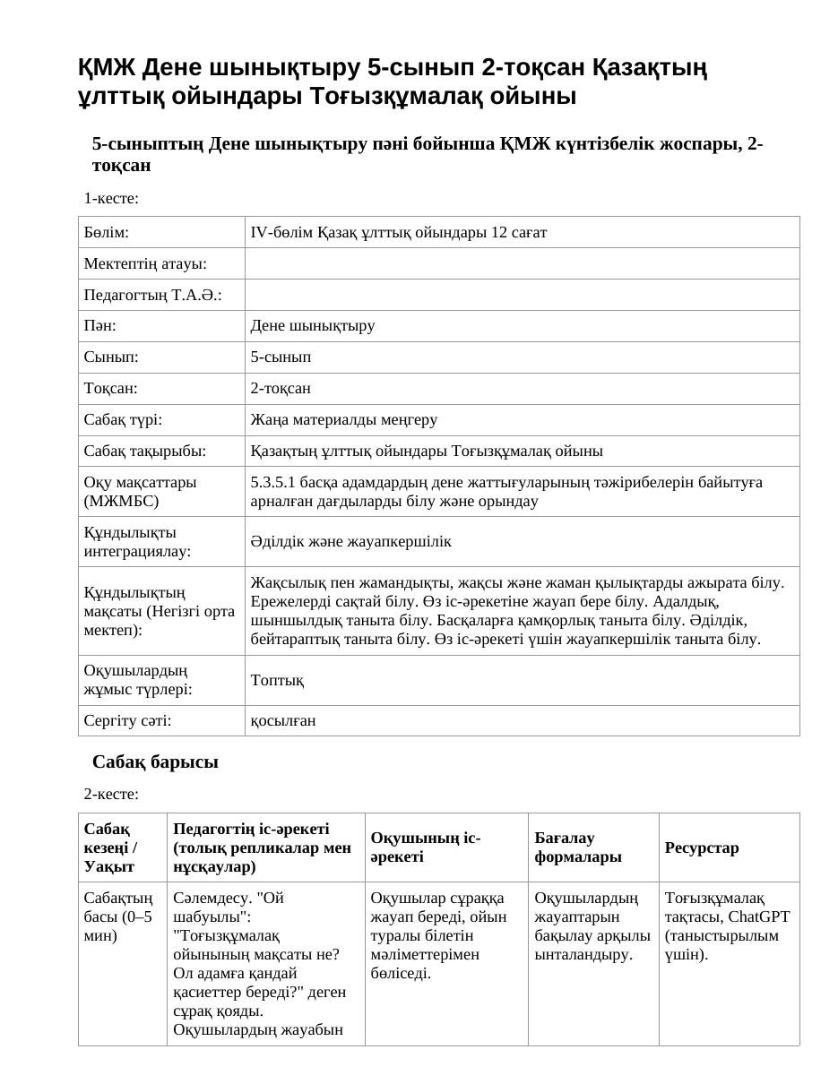 ҚМЖ Дене шынықтыру 5-сынып 2-тоқсан Қазақтың ұлттық ойындары Тоғызқұмалақ ойыны