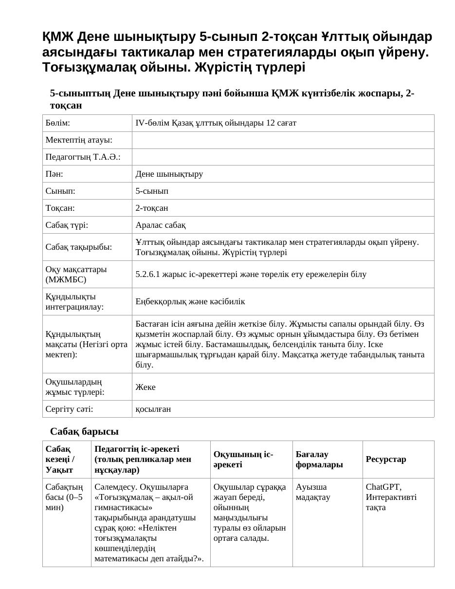 ҚМЖ Дене шынықтыру 5-сынып 2-тоқсан Ұлттық ойындар аясындағы тактикалар мен стратегияларды оқып үйрену. Тоғызқұмалақ ойыны. Жүрістің түрлері
