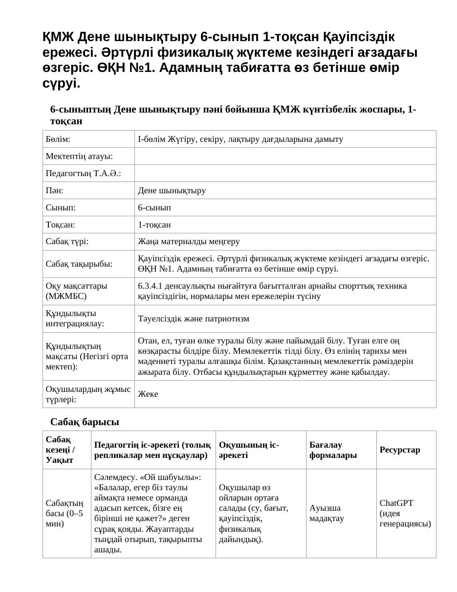 ҚМЖ Дене шынықтыру 6-сынып 1-тоқсан Қауіпсіздік ережесі. Әртүрлі физикалық жүктеме кезіндегі ағзадағы өзгеріс. ӨҚН №1. Адамның табиғатта өз бетінше өмір сүруі.