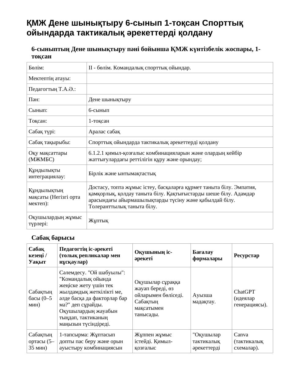 ҚМЖ Дене шынықтыру 6-сынып 1-тоқсан Спорттық ойындарда тактикалық әрекеттерді қолдану