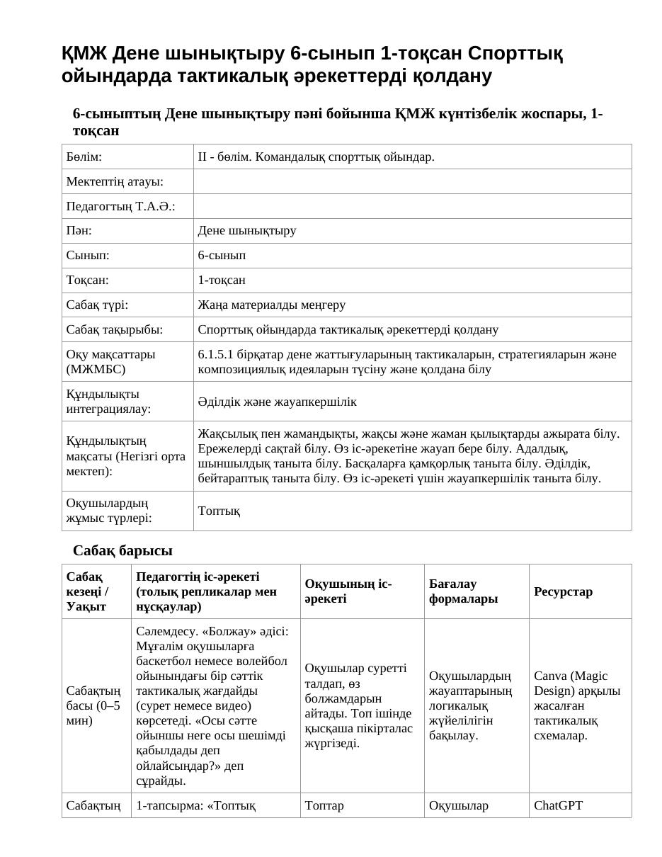 ҚМЖ Дене шынықтыру 6-сынып 1-тоқсан Спорттық ойындарда тактикалық әрекеттерді қолдану