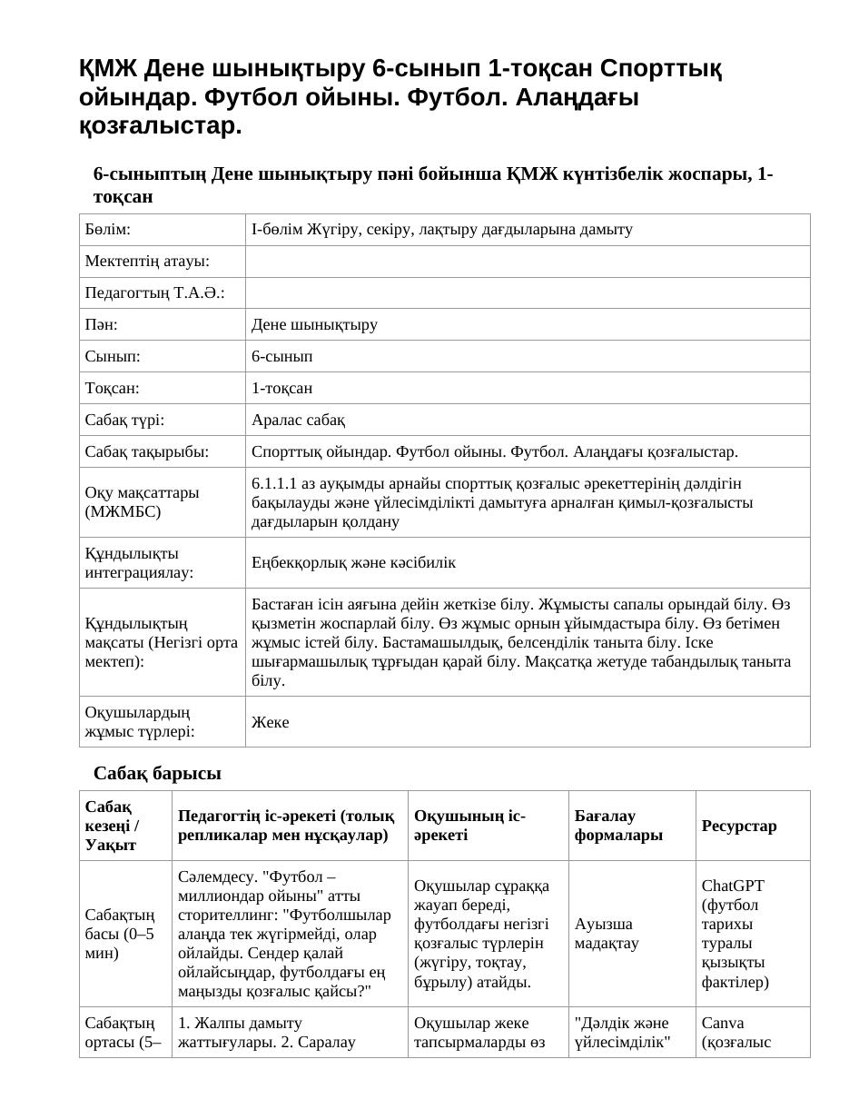 ҚМЖ Дене шынықтыру 6-сынып 1-тоқсан Спорттық ойындар. Футбол ойыны. Футбол. Алаңдағы қозғалыстар.