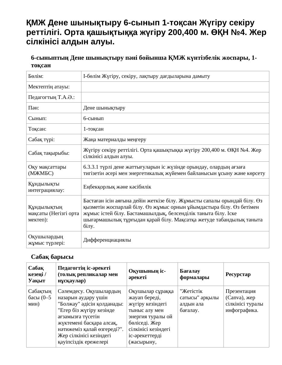 ҚМЖ Дене шынықтыру 6-сынып 1-тоқсан Жүгіру секіру реттілігі. Орта қашықтыққа жүгіру 200,400 м. ӨҚН №4. Жер сілкінісі алдын алуы.