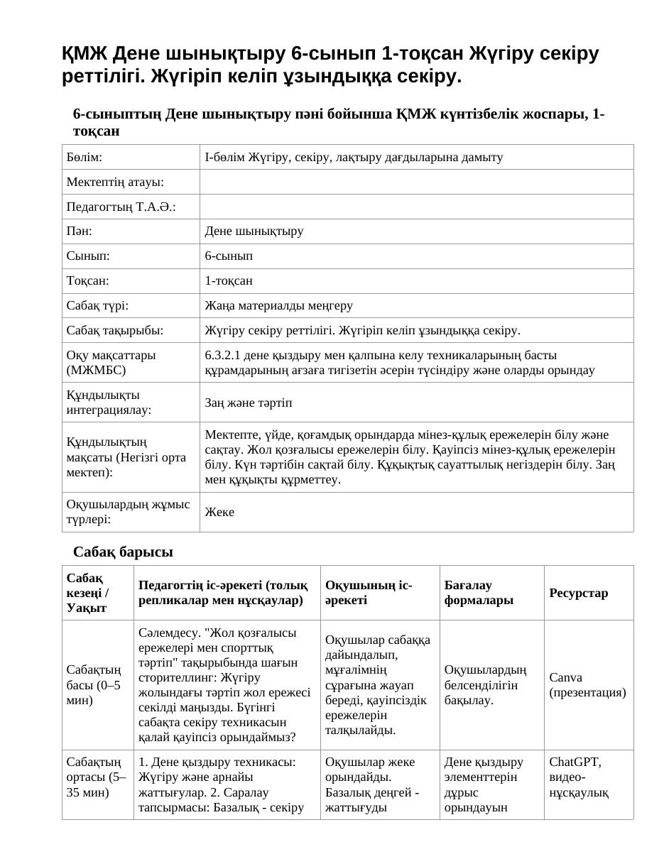 ҚМЖ Дене шынықтыру 6-сынып 1-тоқсан Жүгіру секіру реттілігі. Жүгіріп келіп ұзындыққа секіру.