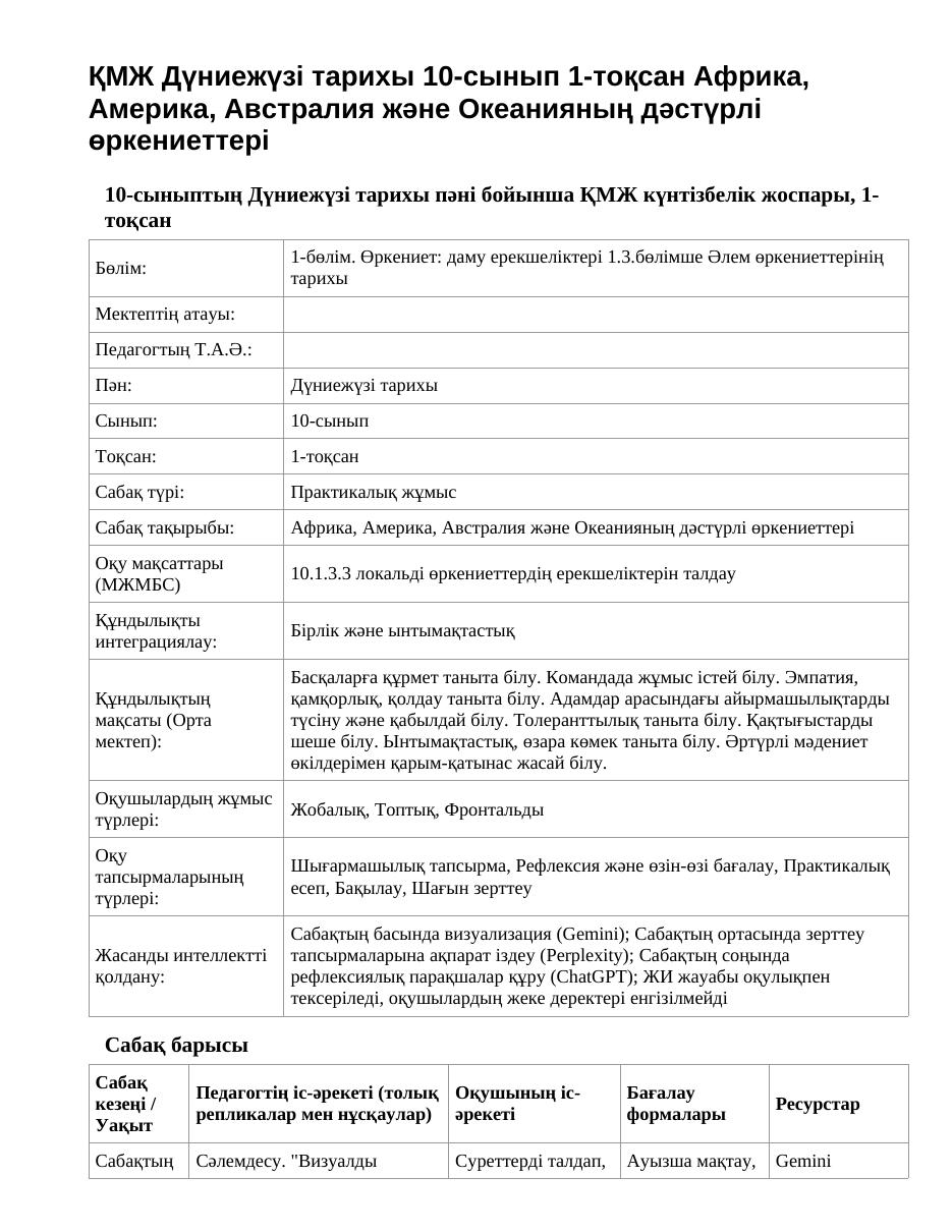 ҚМЖ Дүниежүзі тарихы 10-сынып 1-тоқсан Африка, Америка, Австралия және Океанияның дәстүрлі өркениеттері