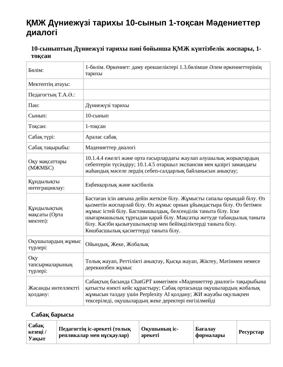 ҚМЖ Дүниежүзі тарихы 10-сынып 1-тоқсан Мәдениеттер диалогі