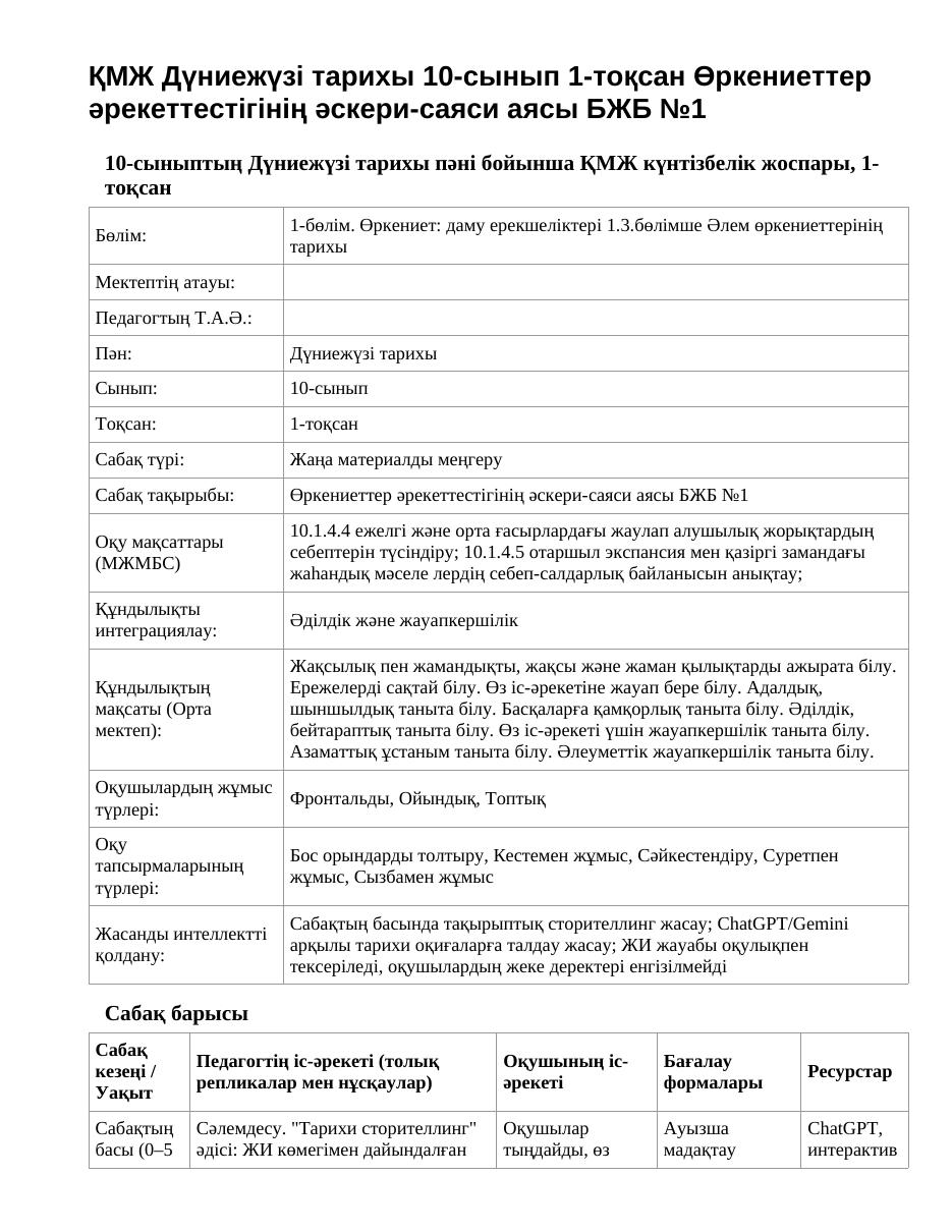 ҚМЖ Дүниежүзі тарихы 10-сынып 1-тоқсан Өркениеттер әрекеттестігінің әскери-саяси аясы БЖБ №1