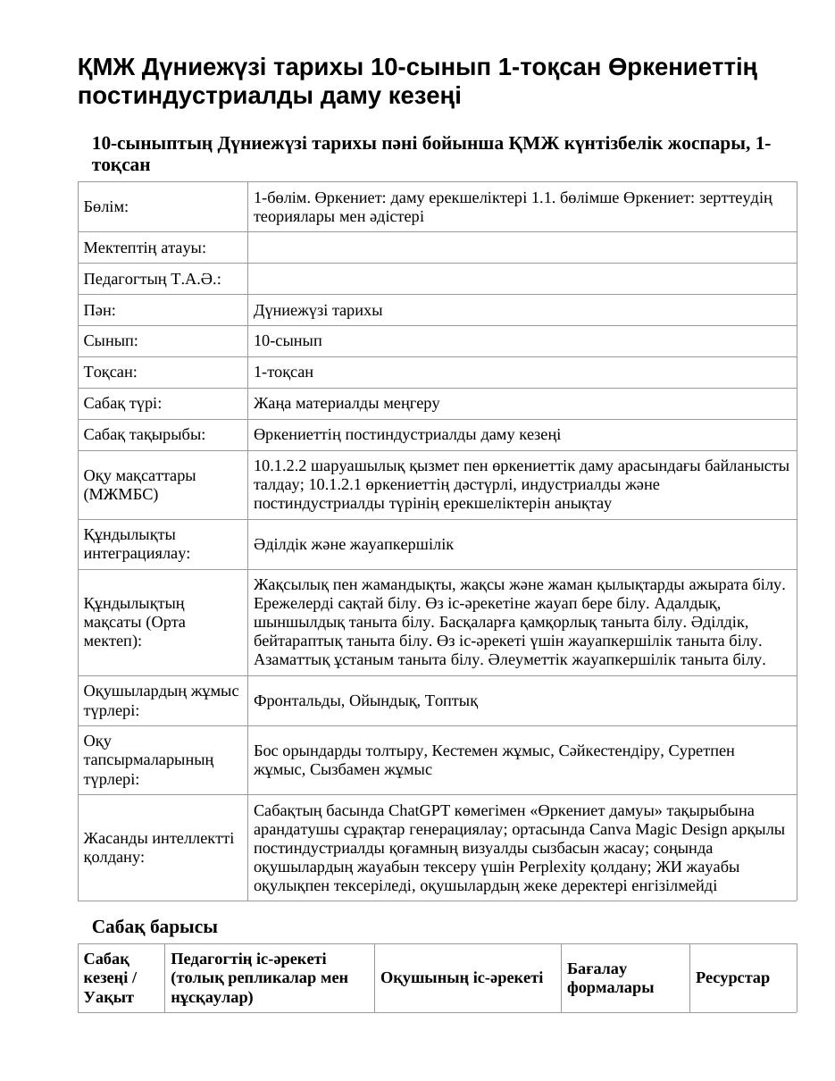 ҚМЖ Дүниежүзі тарихы 10-сынып 1-тоқсан Өркениеттің постиндустриалды даму кезеңі
