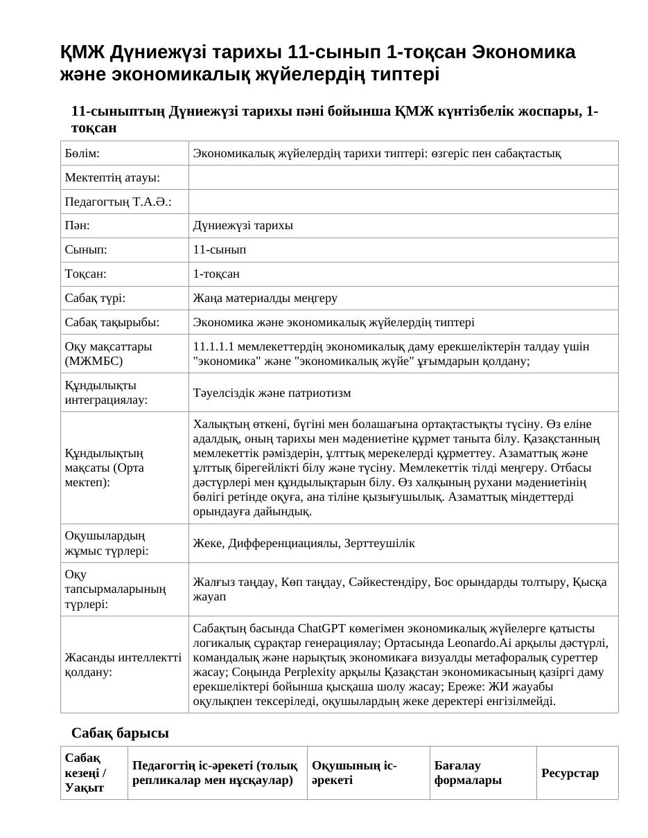 ҚМЖ Дүниежүзі тарихы 11-сынып 1-тоқсан Экономика және экономикалық жүйелердің типтері