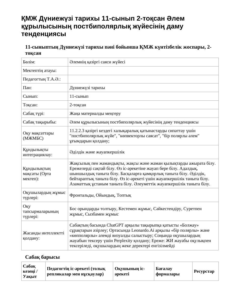 ҚМЖ Дүниежүзі тарихы 11-сынып 2-тоқсан Әлем құрылысының постбиполярлық жүйесінің даму тенденциясы