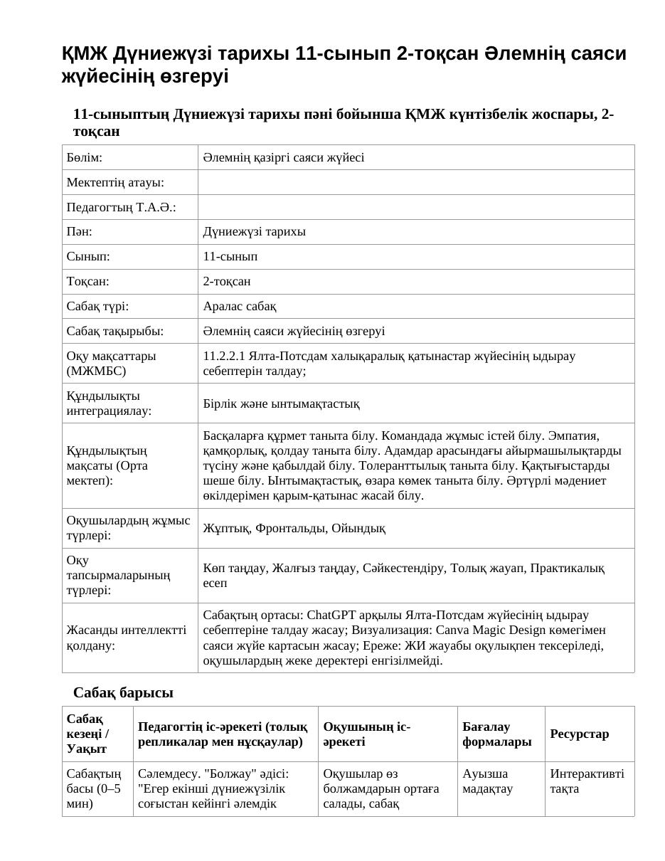 ҚМЖ Дүниежүзі тарихы 11-сынып 2-тоқсан Әлемнің саяси жүйесінің өзгеруі