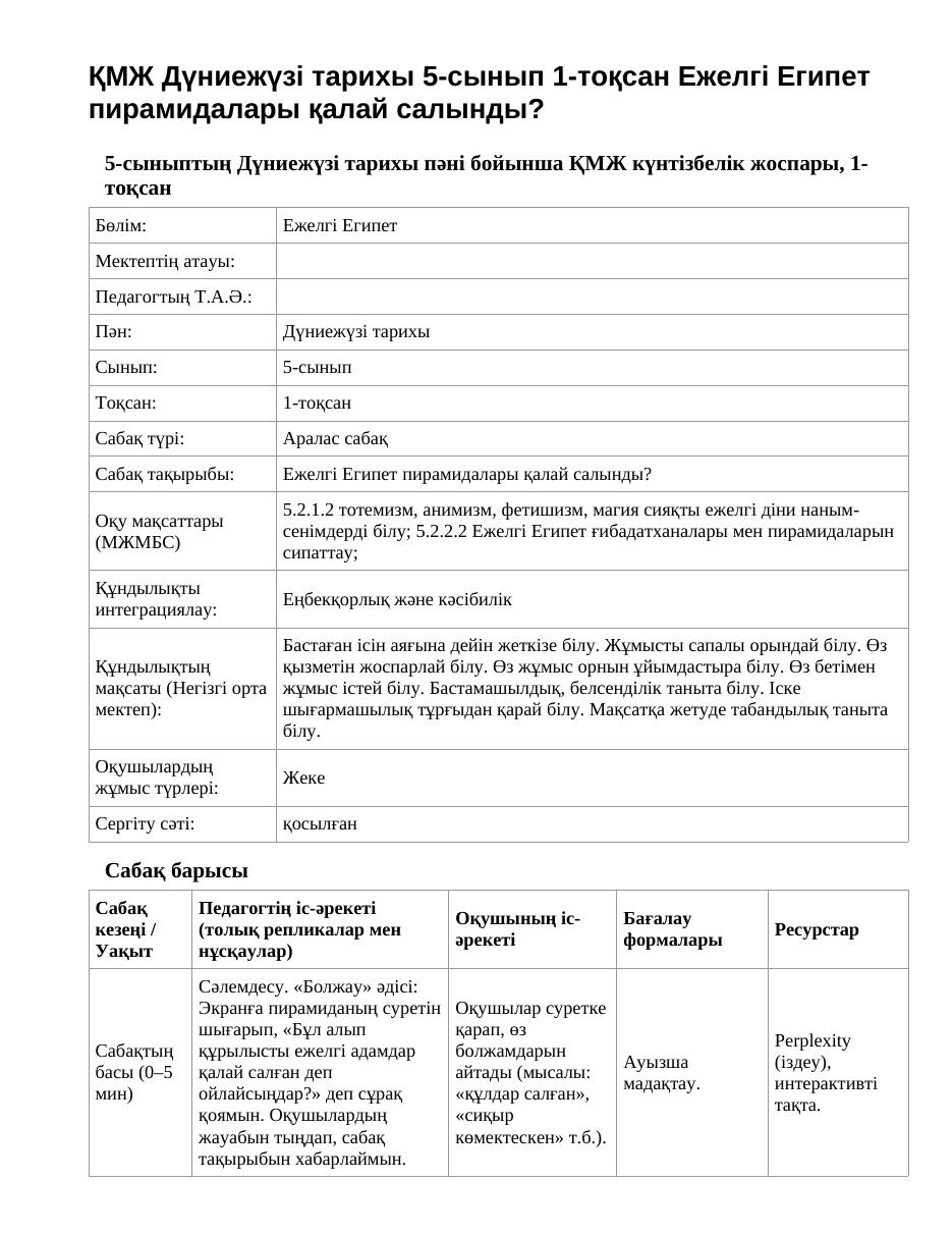ҚМЖ Дүниежүзі тарихы 5-сынып 1-тоқсан Ежелгі Египет пирамидалары қалай салынды?