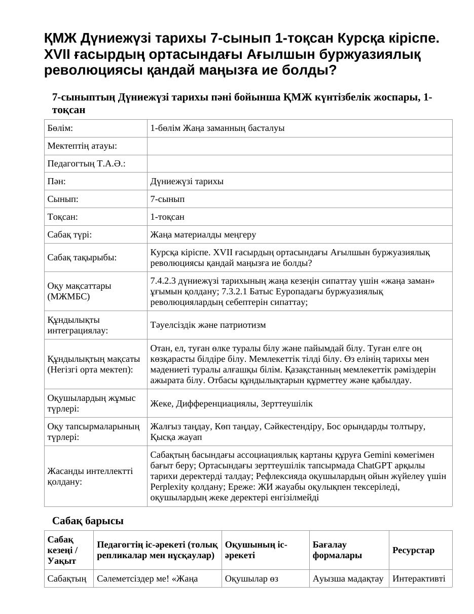 ҚМЖ Дүниежүзі тарихы 7-сынып 1-тоқсан Курсқа кіріспе. XVII ғасырдың ортасындағы Ағылшын буржуазиялық революциясы қандай маңызға ие болды?
