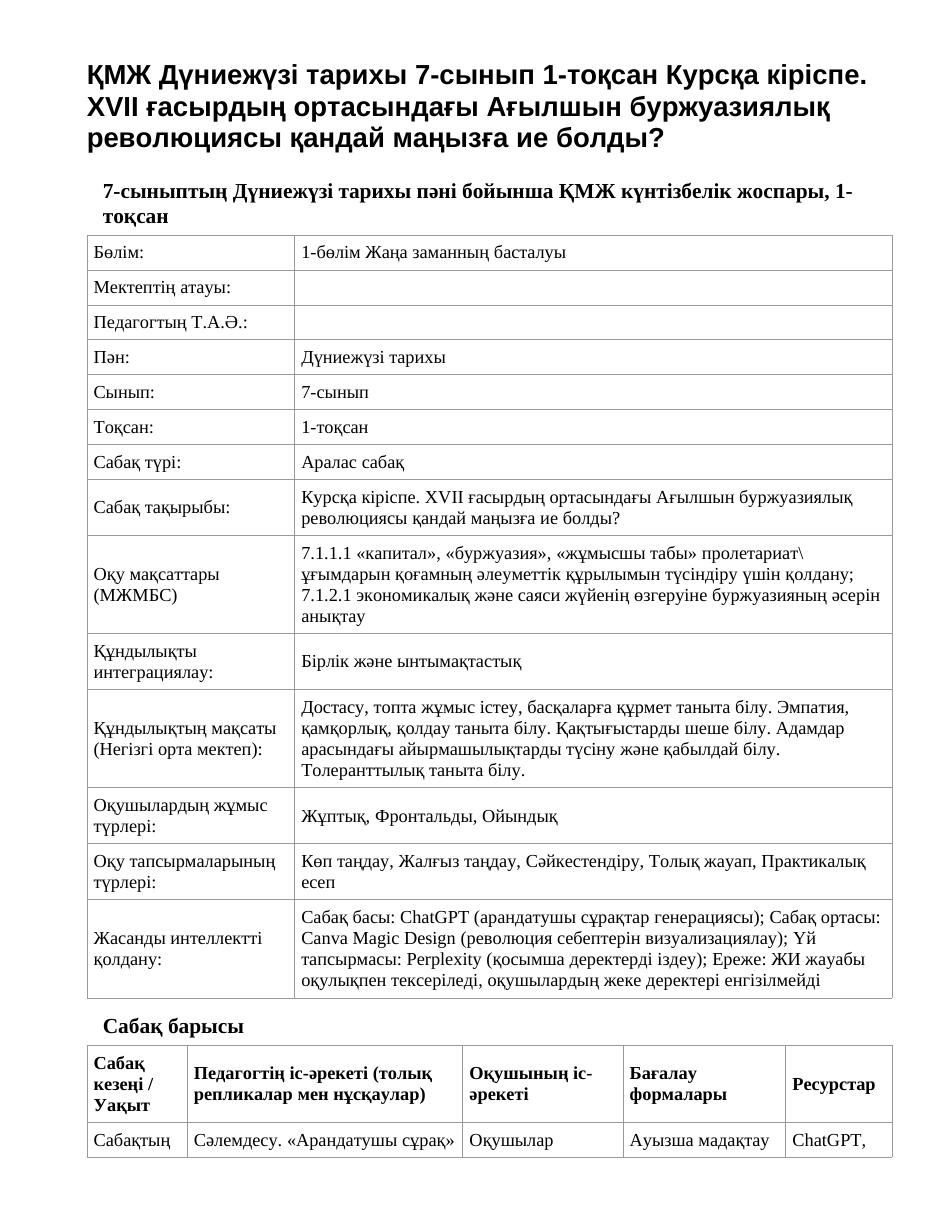 ҚМЖ Дүниежүзі тарихы 7-сынып 1-тоқсан Курсқа кіріспе. XVII ғасырдың ортасындағы Ағылшын буржуазиялық революциясы қандай маңызға ие болды?