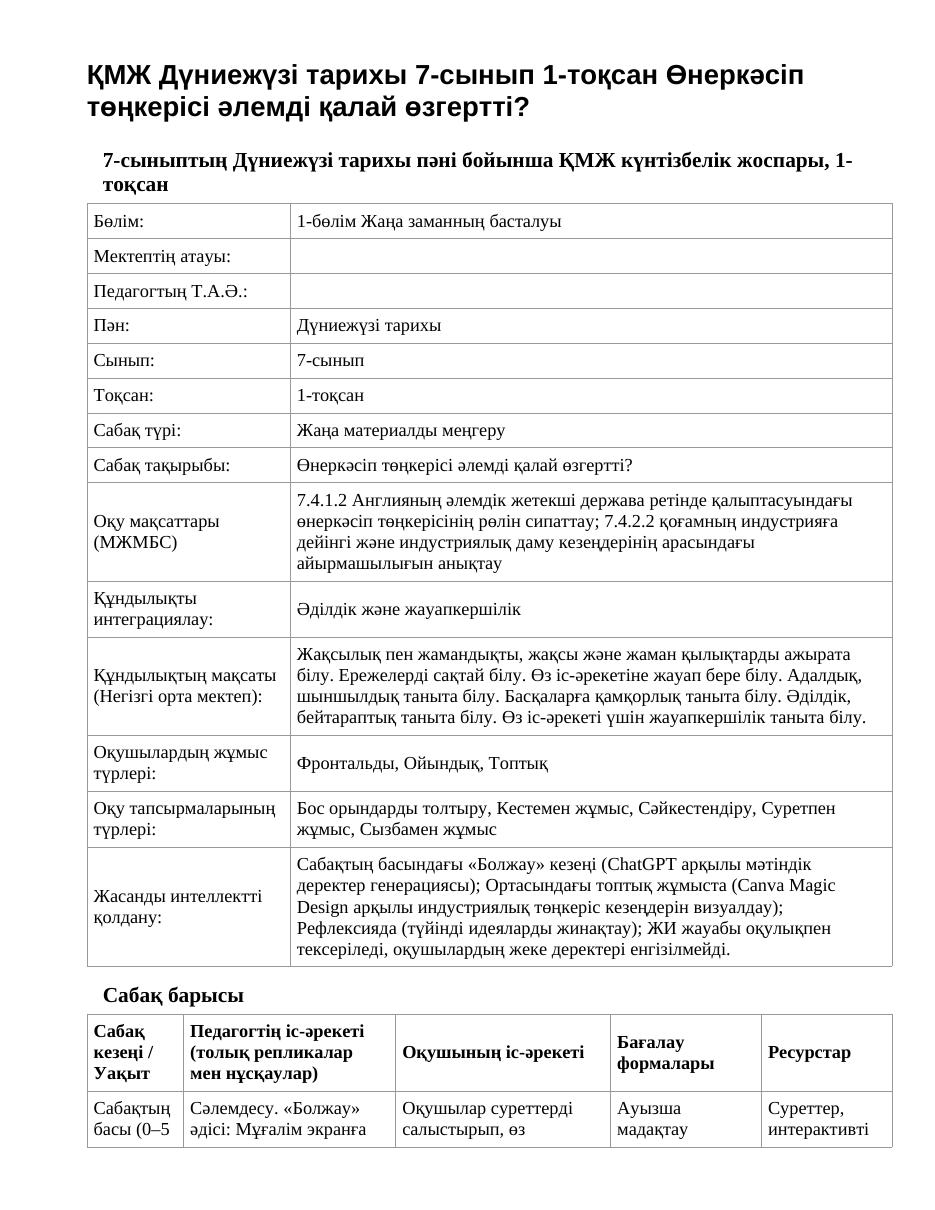 ҚМЖ Дүниежүзі тарихы 7-сынып 1-тоқсан Өнеркәсіп төңкерісі әлемді қалай өзгертті?