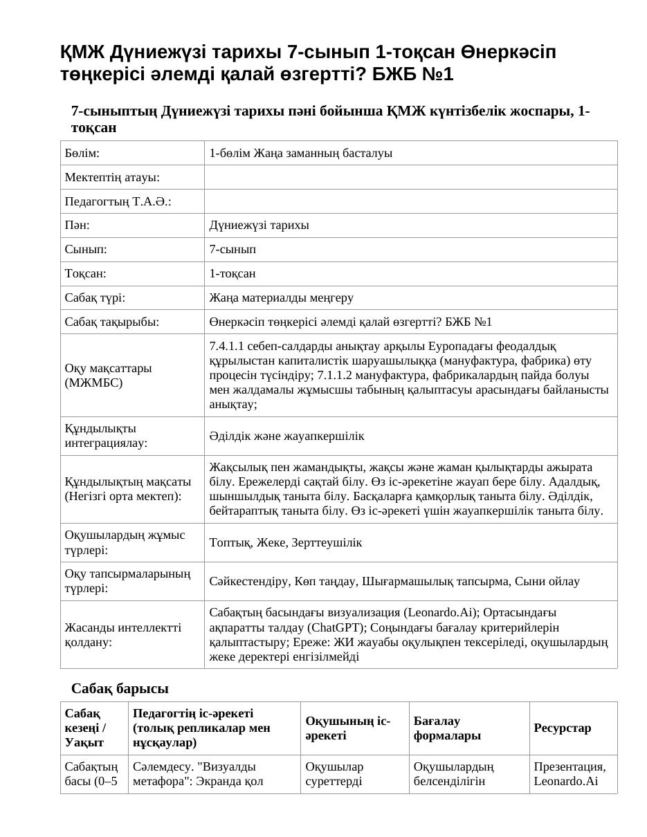 ҚМЖ Дүниежүзі тарихы 7-сынып 1-тоқсан Өнеркәсіп төңкерісі әлемді қалай өзгертті? БЖБ №1