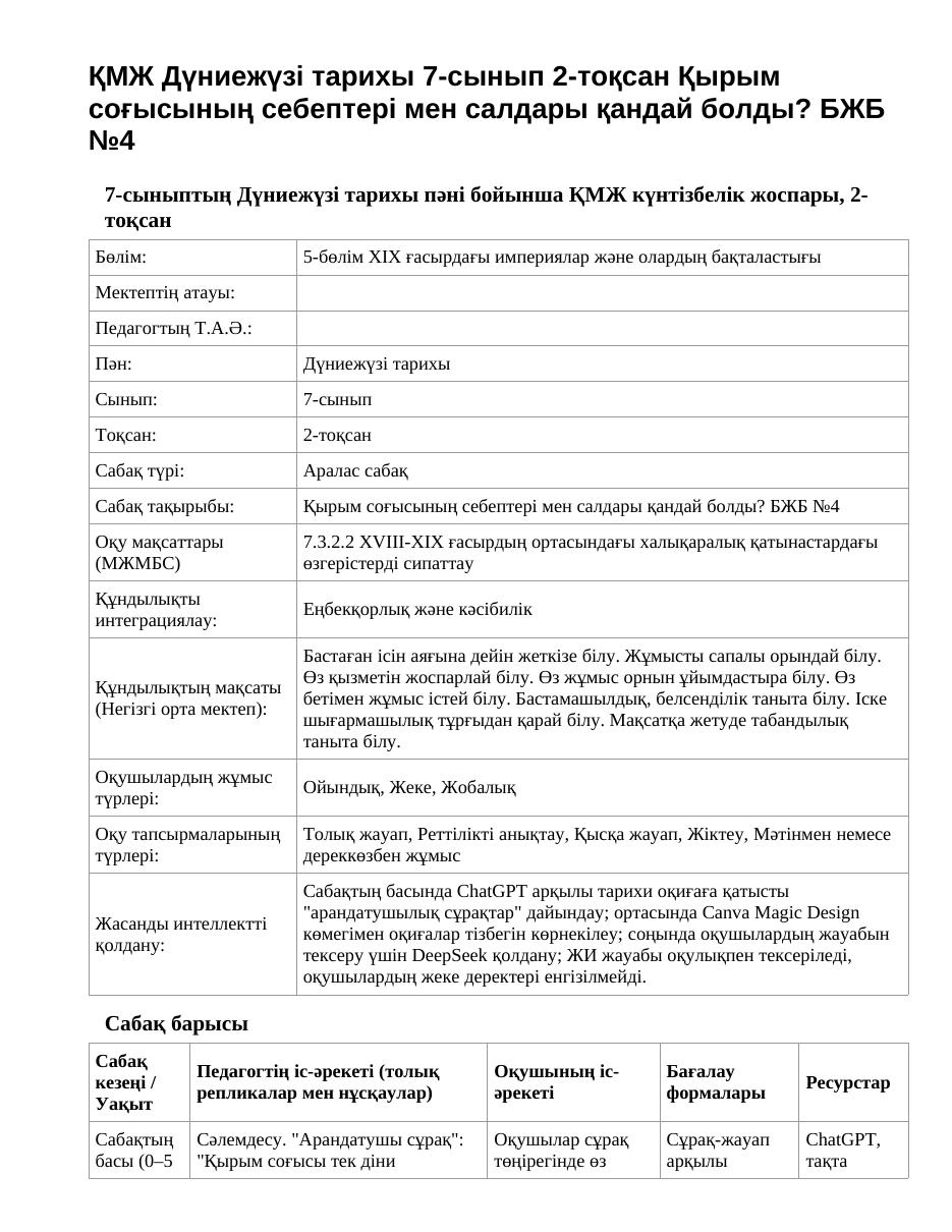 ҚМЖ Дүниежүзі тарихы 7-сынып 2-тоқсан Қырым соғысының себептері мен салдары қандай болды? БЖБ №4