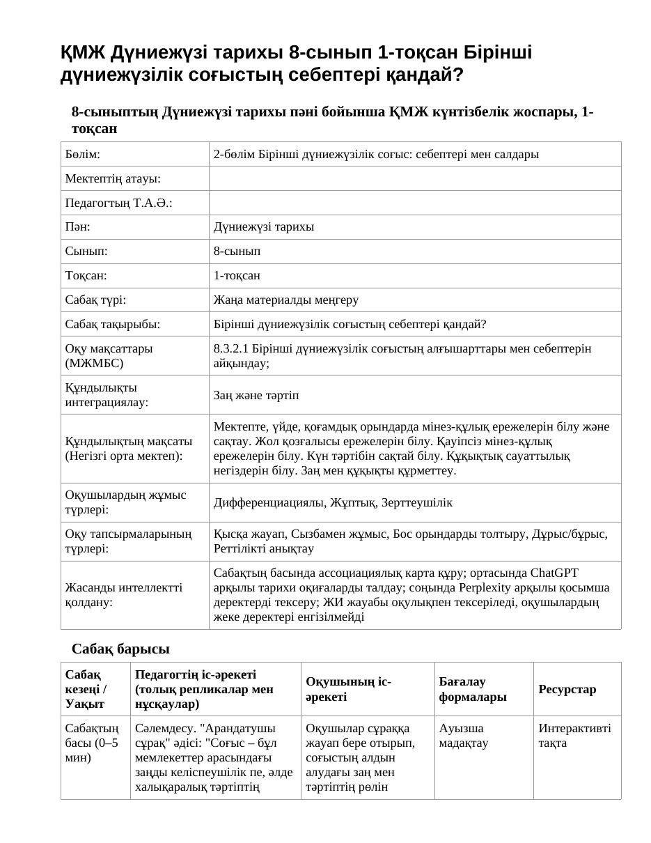 ҚМЖ Дүниежүзі тарихы 8-сынып 1-тоқсан Бірінші дүниежүзілік соғыстың себептері қандай?