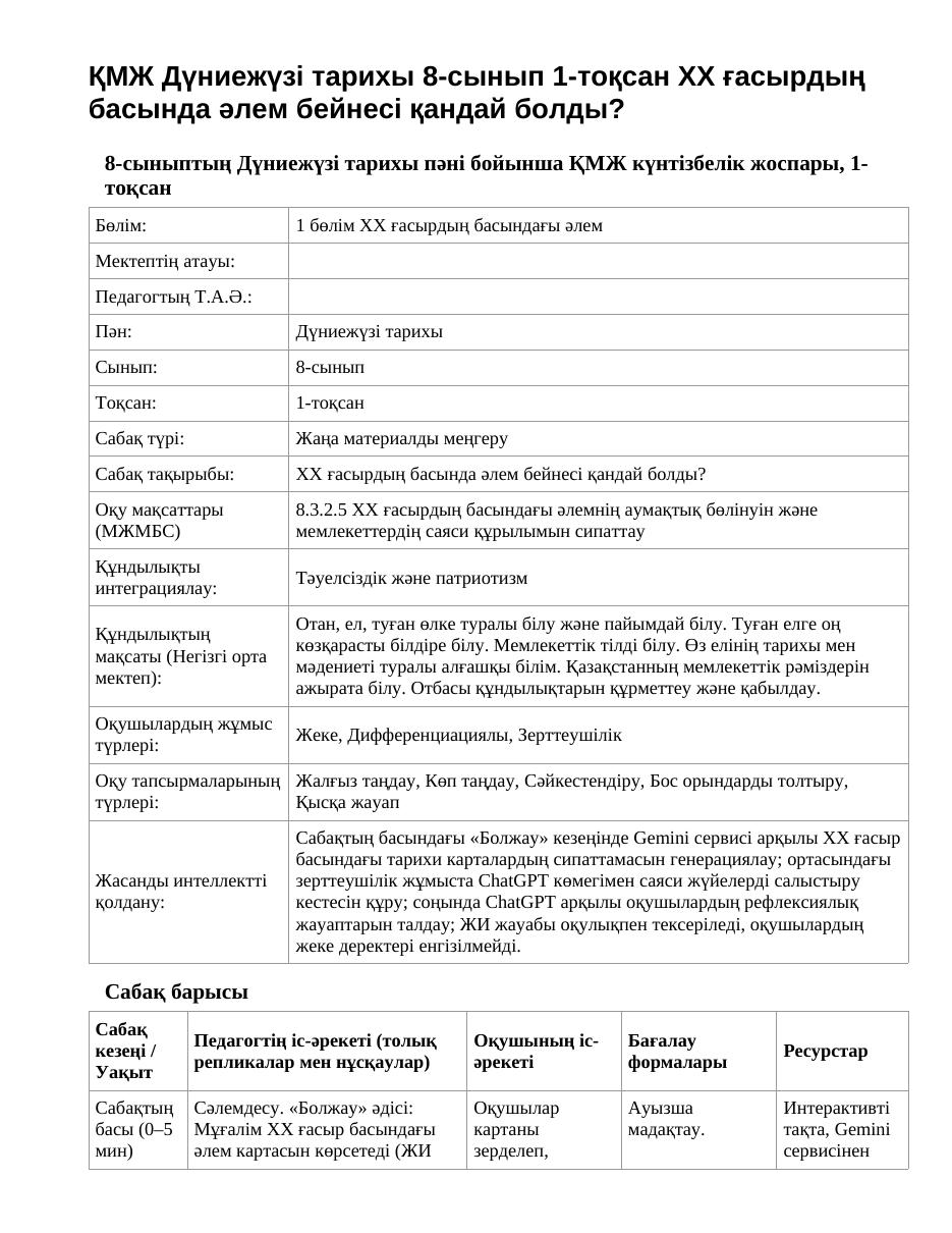 ҚМЖ Дүниежүзі тарихы 8-сынып 1-тоқсан ХХ ғасырдың басында әлем бейнесі қандай болды?