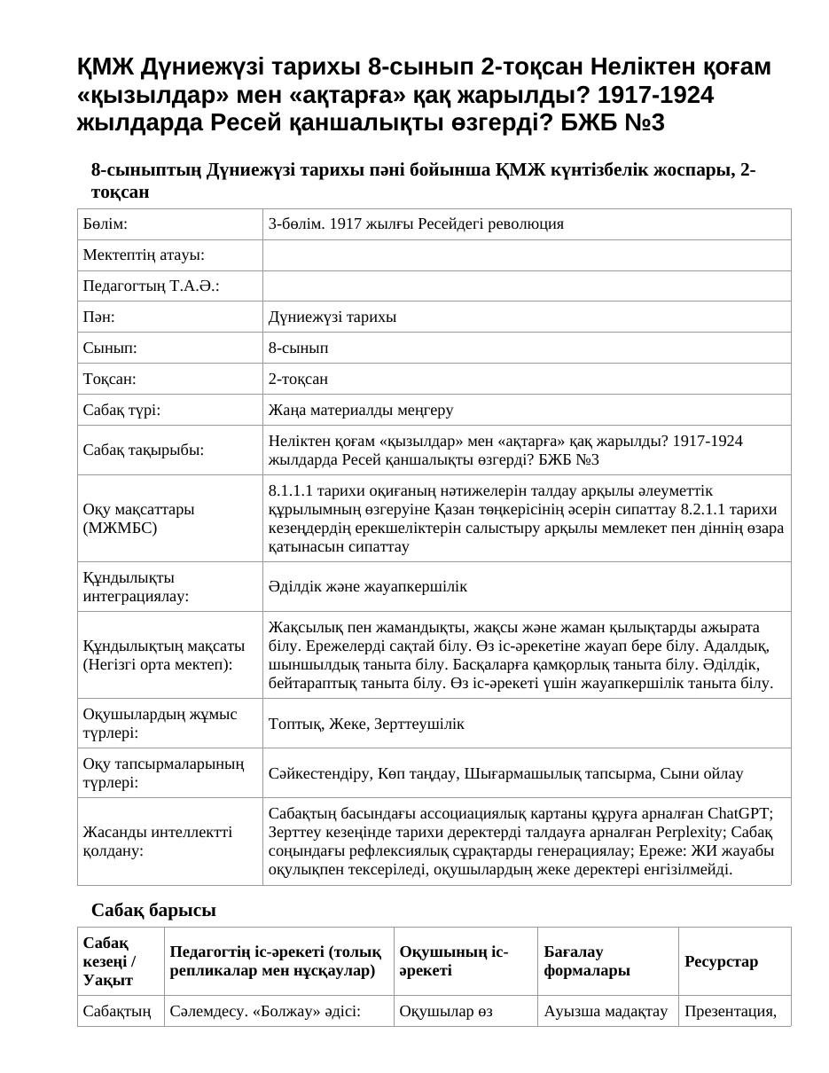 ҚМЖ Дүниежүзі тарихы 8-сынып 2-тоқсан Неліктен қоғам «қызылдар» мен «ақтарға» қақ жарылды? 1917-1924 жылдарда Ресей қаншалықты өзгерді? БЖБ №3
