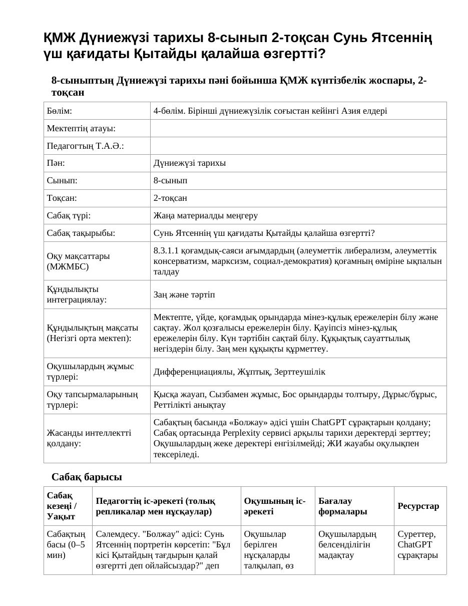 ҚМЖ Дүниежүзі тарихы 8-сынып 2-тоқсан Сунь Ятсеннің үш қағидаты Қытайды қалайша өзгертті?
