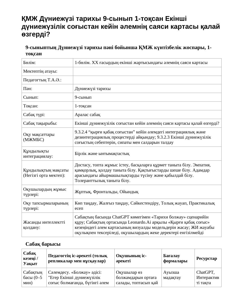ҚМЖ Дүниежүзі тарихы 9-сынып 1-тоқсан Екінші дүниежүзілік соғыстан кейін әлемнің саяси картасы қалай өзгерді?