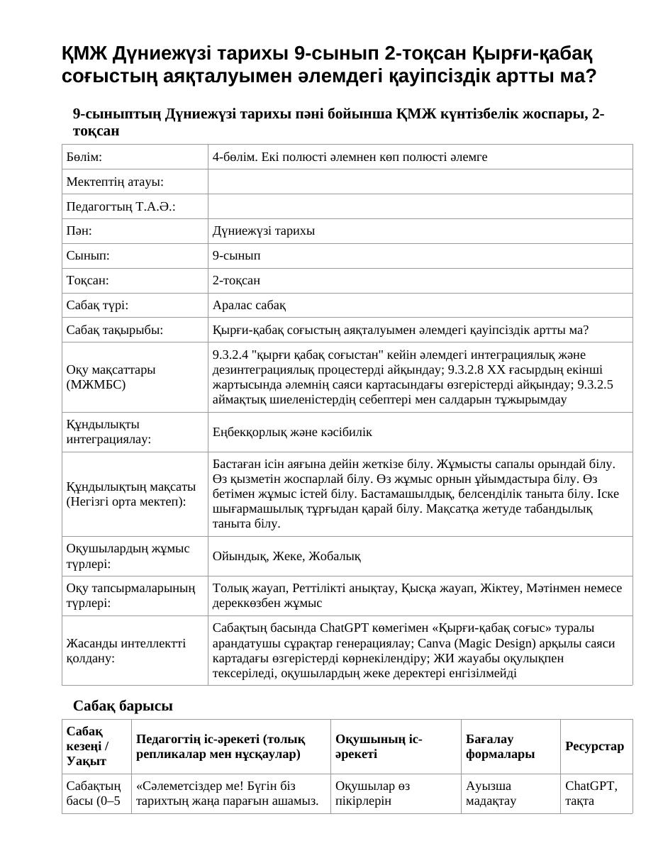 ҚМЖ Дүниежүзі тарихы 9-сынып 2-тоқсан Қырғи-қабақ соғыстың аяқталуымен әлемдегі қауіпсіздік артты ма?