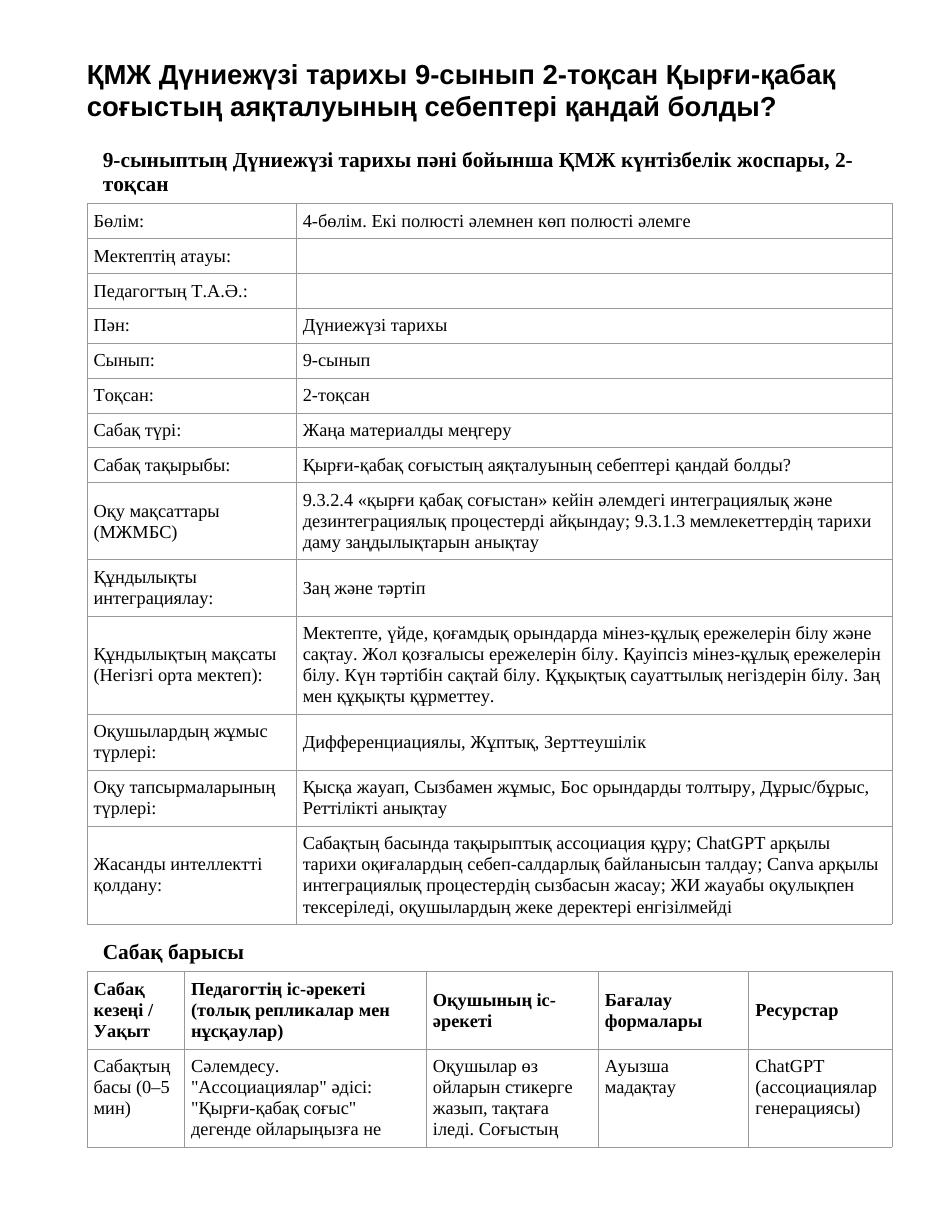 ҚМЖ Дүниежүзі тарихы 9-сынып 2-тоқсан Қырғи-қабақ соғыстың аяқталуының себептері қандай болды?
