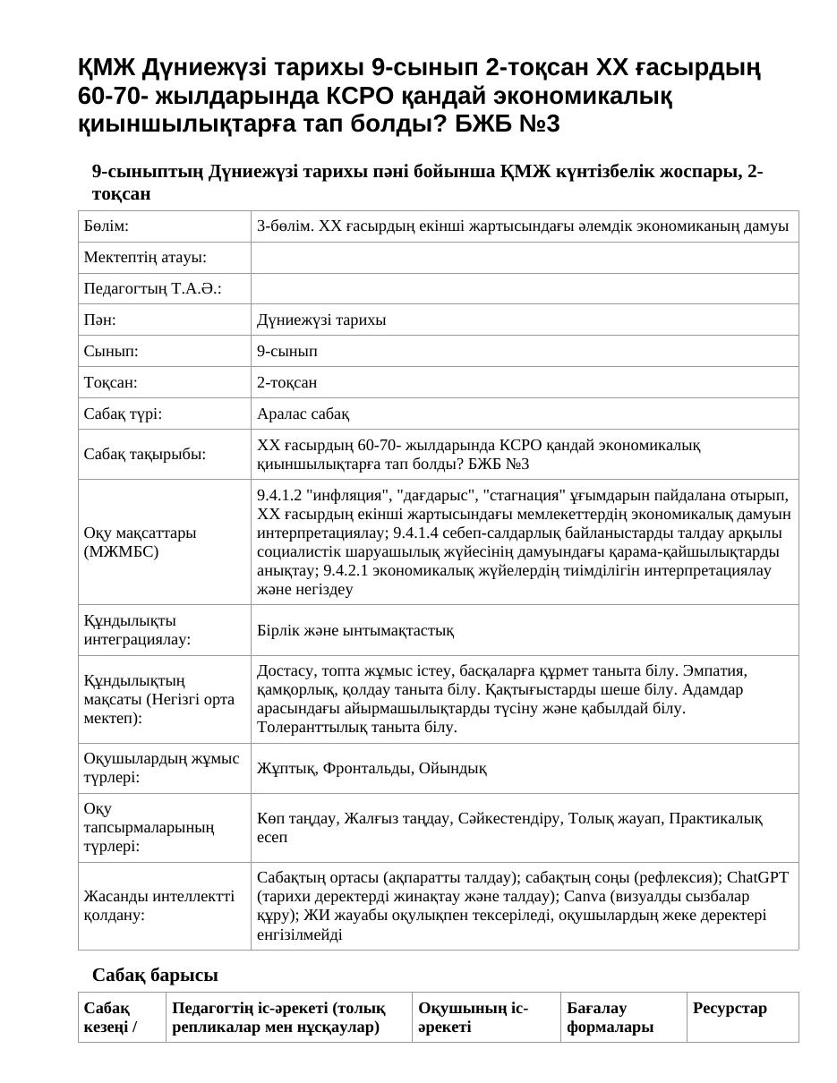 ҚМЖ Дүниежүзі тарихы 9-сынып 2-тоқсан XX ғасырдың 60-70- жылдарында КСРО қандай экономикалық қиыншылықтарға тап болды? БЖБ №3