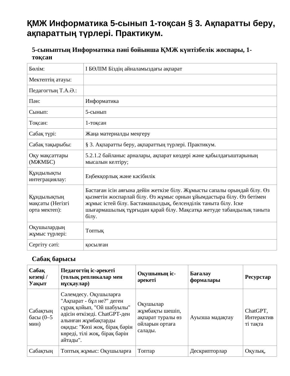 ҚМЖ Информатика 5-сынып 1-тоқсан § 3. Ақпаратты беру, ақпараттың түрлері. Практикум.