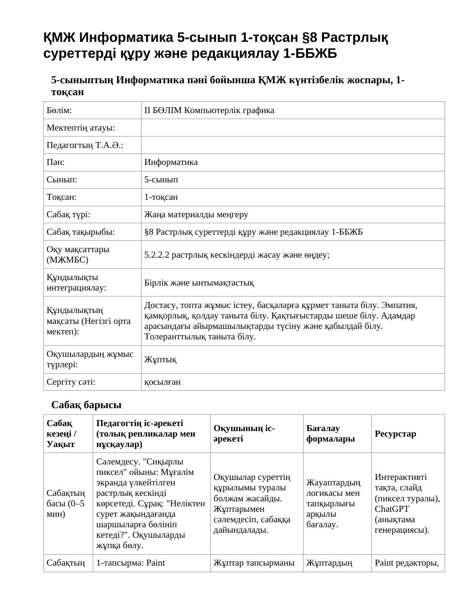 ҚМЖ Информатика 5-сынып 1-тоқсан §8 Растрлық суреттерді құру және редакциялау 1-ББЖБ
