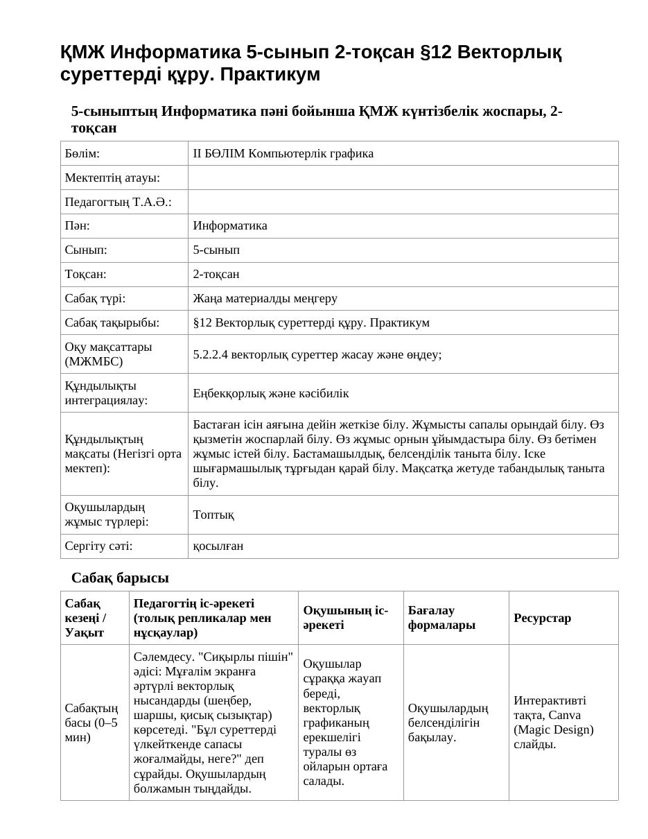 ҚМЖ Информатика 5-сынып 2-тоқсан §12 Векторлық суреттерді құру. Практикум