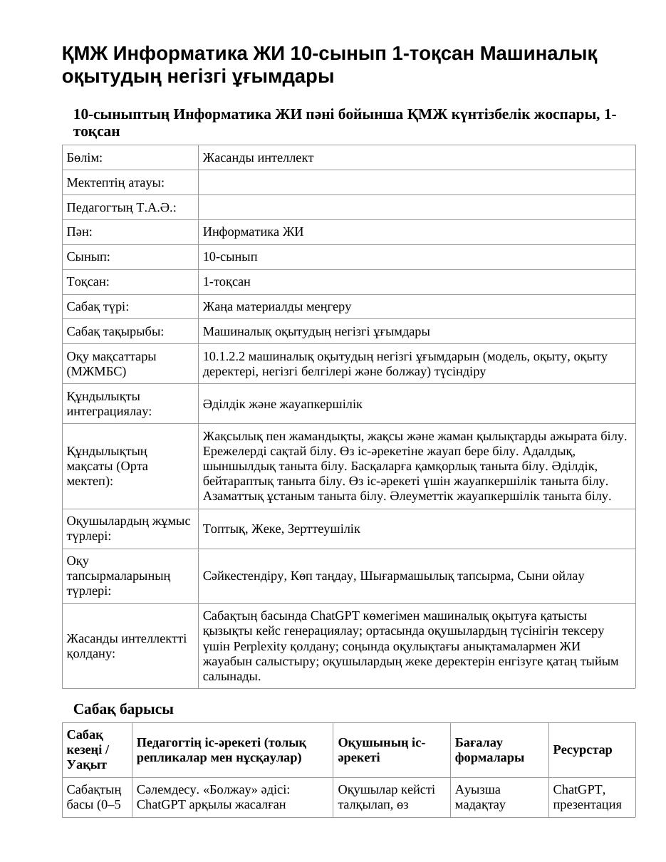 ҚМЖ Информатика ЖИ 10-сынып 1-тоқсан Машиналық оқытудың негізгі ұғымдары